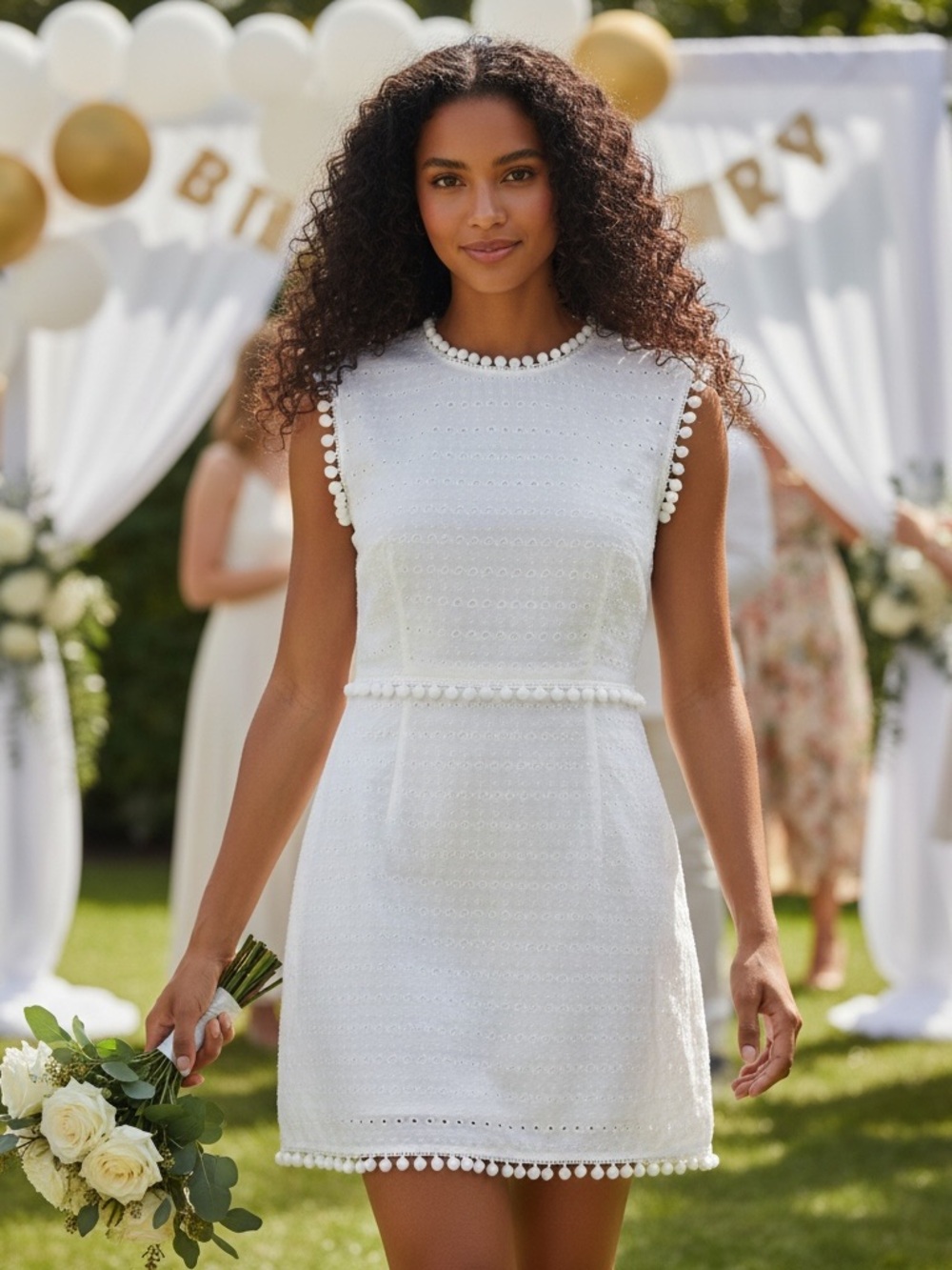 Love Moschino White Eyelet‎ Pom-Pom Trim Mini Dress size 8